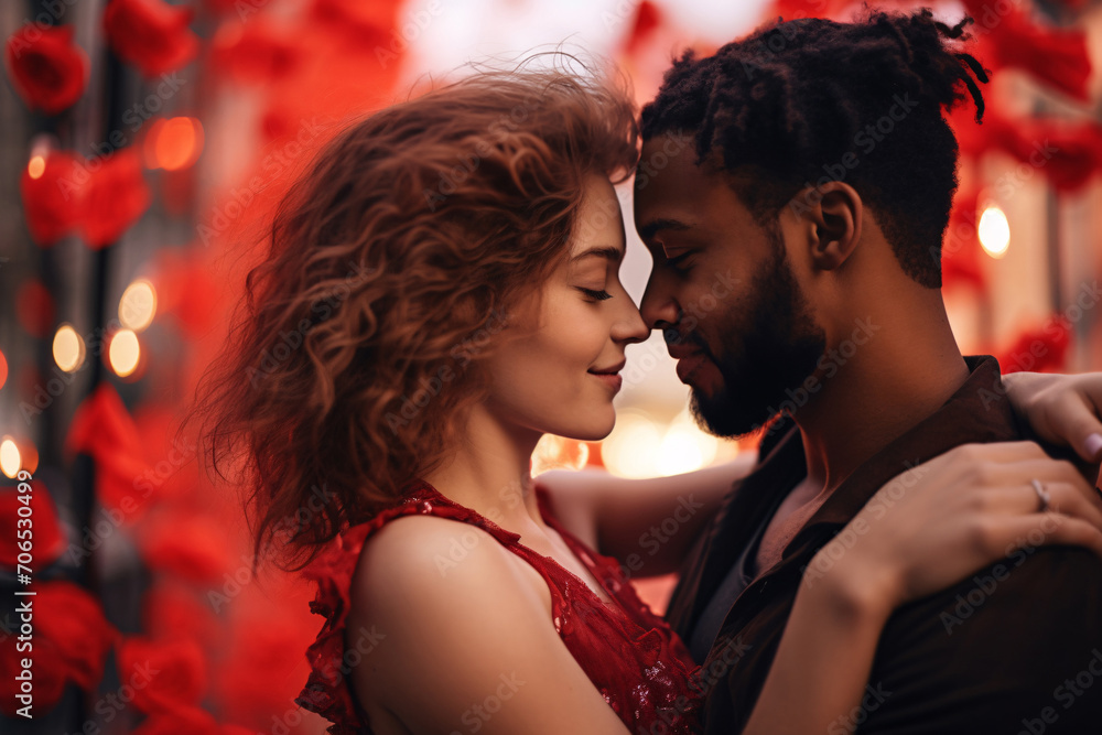 Cute affectionate interracial couple with rose flowrs celebrating Valentine's Day Cute affectionate interracial couple with rose flowrs celebrating Valentine's Day