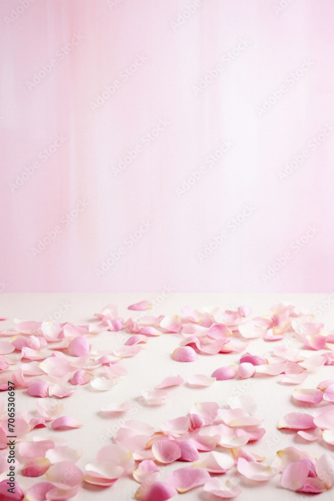 Pink rose petals on a white table with a pink curtain in the background.