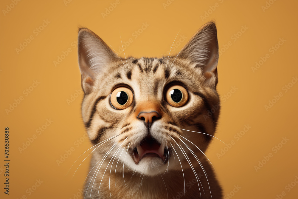 Surprised Shocked Cat with Big Eyes on a Orange Background with Space for Copy