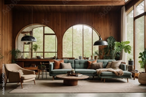 Mid-century loft home interior design of modern living room in house in forest.