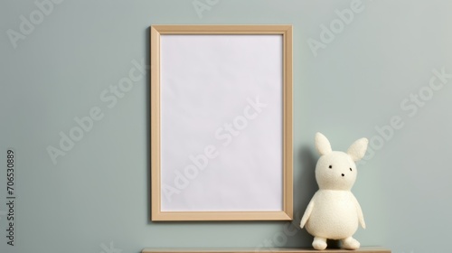 Empty wooden picture frame mockup hanging on wall background. Kids room interior.