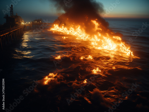 Mar revolto em tons de azul escuro com incêndio sobre as águas ao pôr do sol com estruturas industriais ao fundo