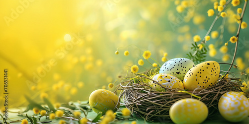 Easter eggs in nest with yellow flowers on bokeh background