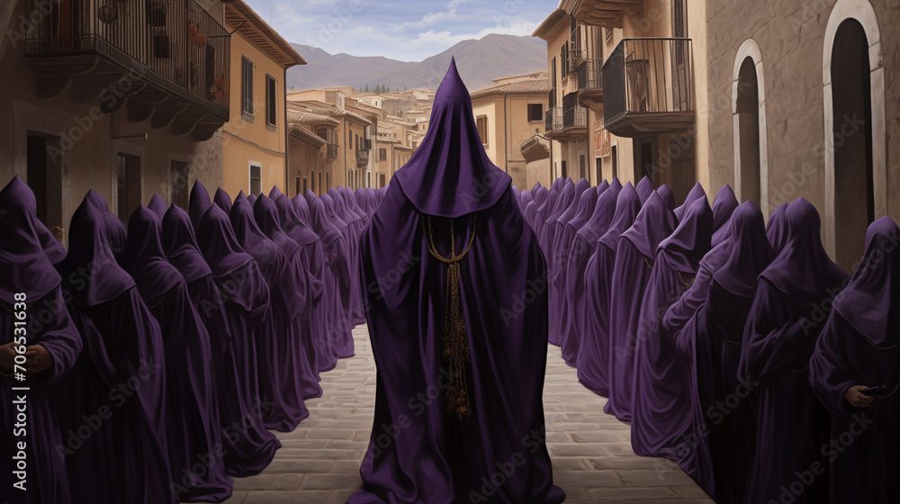 Solemn beauty of Holy Week as procession of penitents clad in purple robes winds through the streets of a quaint town, capturing the essence of a sacred tradition