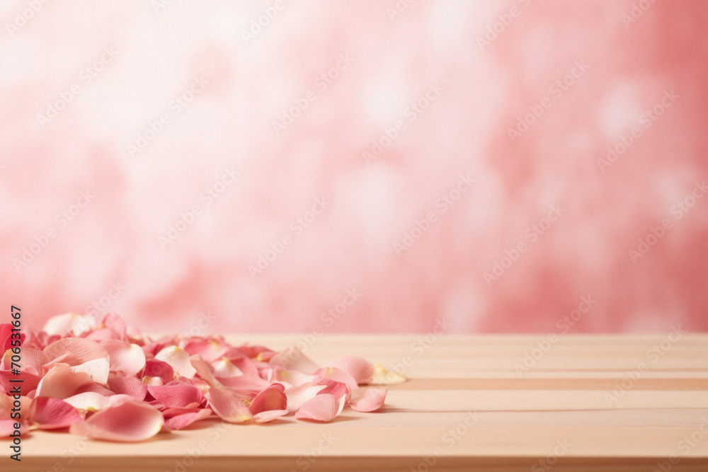 Pink rose petals on wooden table over pink background with copy space. Pink rose petals on wooden table over pink background with copy space.