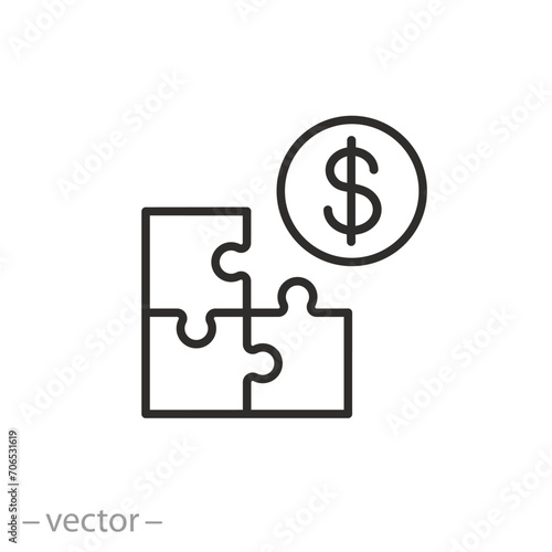 puzzle with money icon, payment in installments concept, pay in parts solution, share installment plan, thin line symbol - editable stroke vector illustration