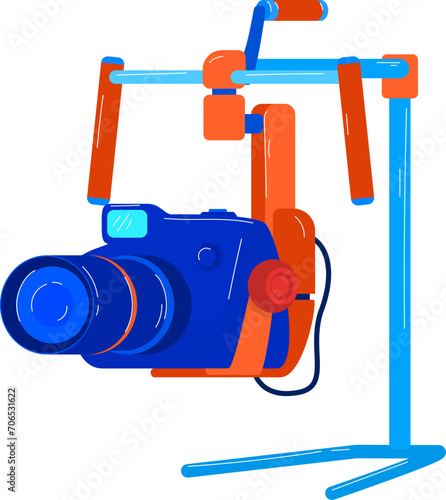 Vibrant DSLR camera on gimbal stabilizer equipment. Blue and orange camera gear for professional photography vector illustration.