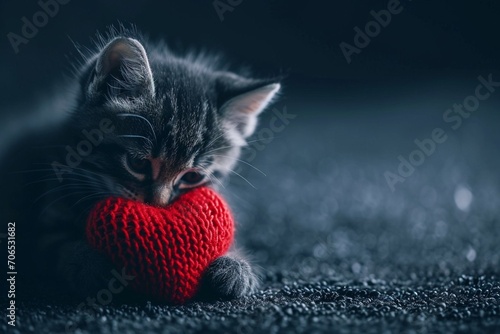 A red knitted heart in the paws of a grey kitten copy space. Saint Valentine Day