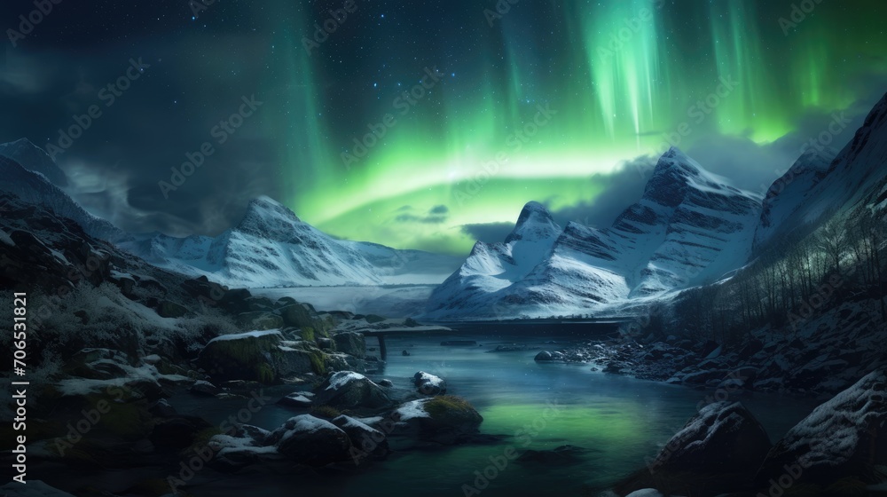 Northern lights over snowy mountains. Aurora borealis with starry in night sky