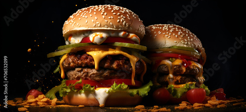 hamburger full of meat and vegetables and melted mayonnaise on a wooden table and blurred background