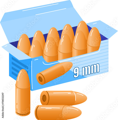 9mm bullets in a blue box. Open ammunition package with orange bullets. Firearm ammo concept vector illustration.
