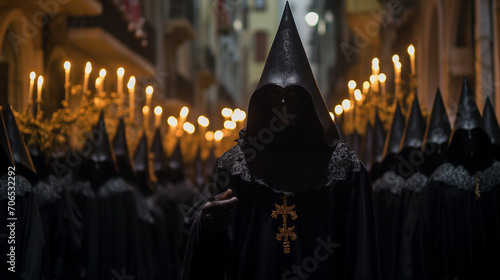 A poignant nighttime procession featuring penitents clad in black, carrying candles, creating an evocative and spiritual ambiance photo