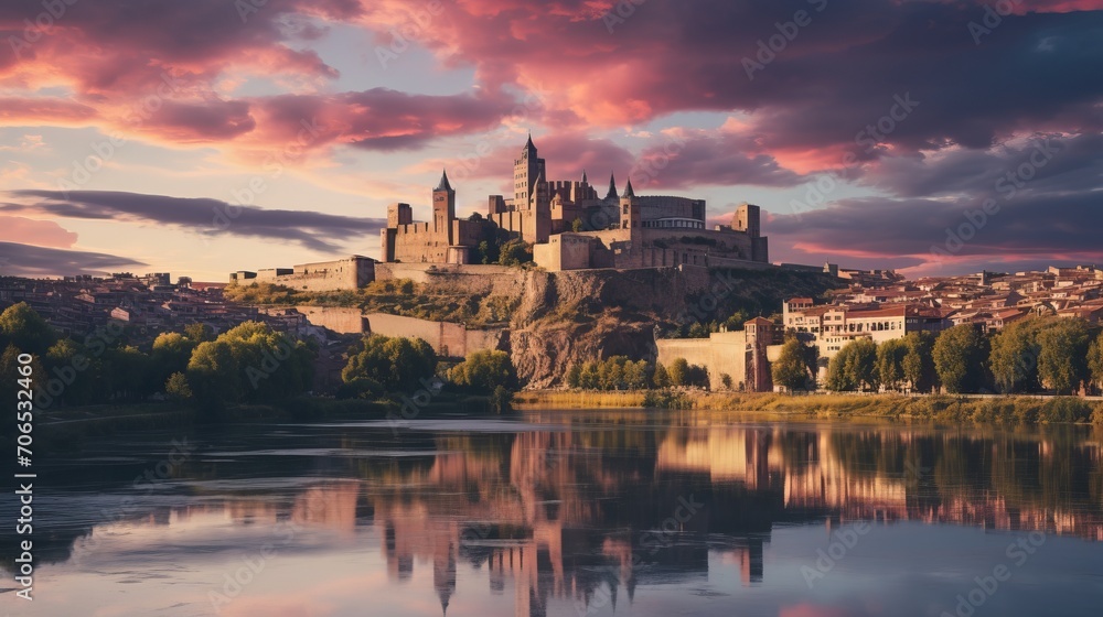 Sunset serenity in toledo: medieval castles and river reflections