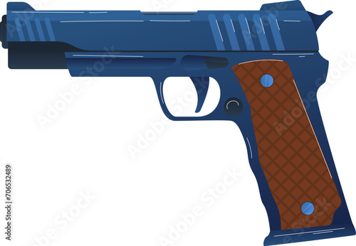 Handgun vector illustration showing a side view of a blue semi-automatic pistol with a brown grip. Firearms and weapon design element.