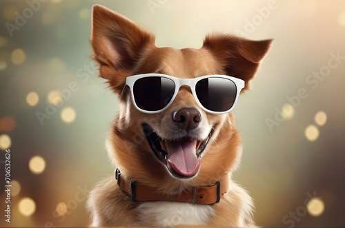 smart funny dog wearing sunglasses with bokeh background © maxnyc
