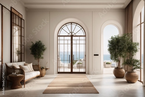 Mediterranean interior design of modern entrance hall with grid door.