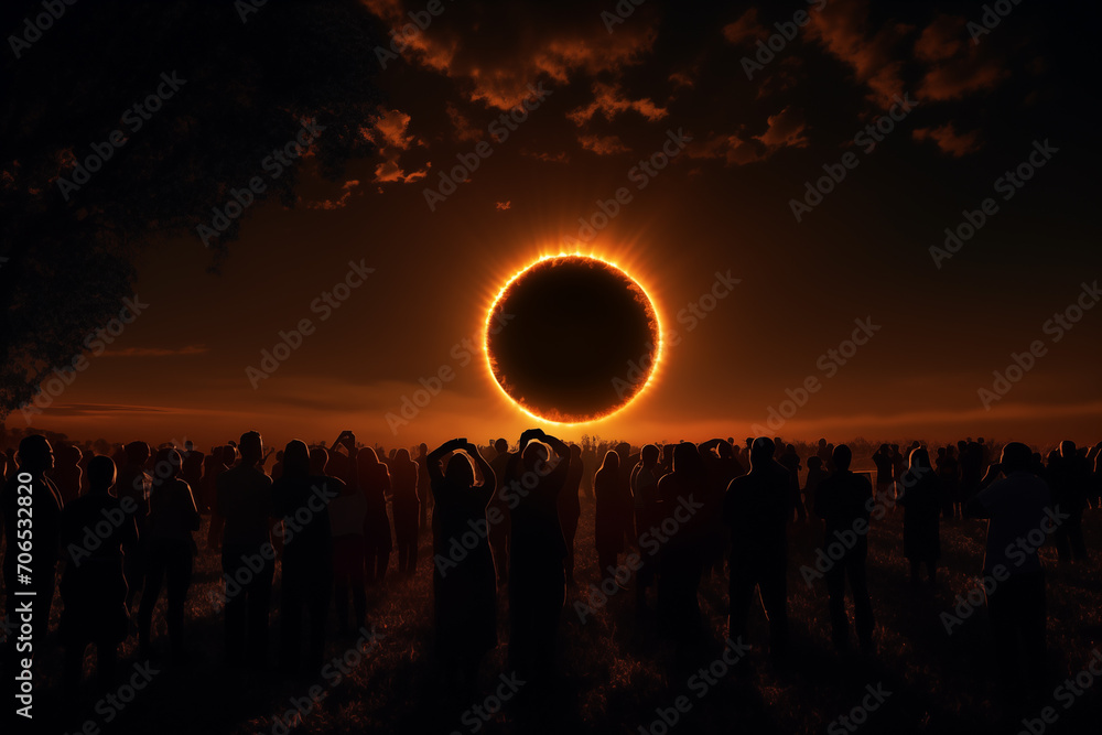 Crowd of people watching an annular solar eclipse, illustration for the total eclipse of the sun in April 2024 imagined by AI - not the actual event - obrazy, fototapety, plakaty 