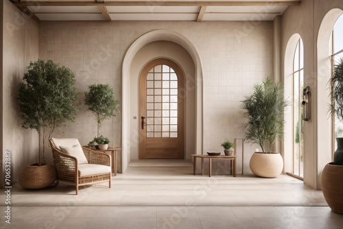Mediterranean interior design of modern entrance hall with grid door.