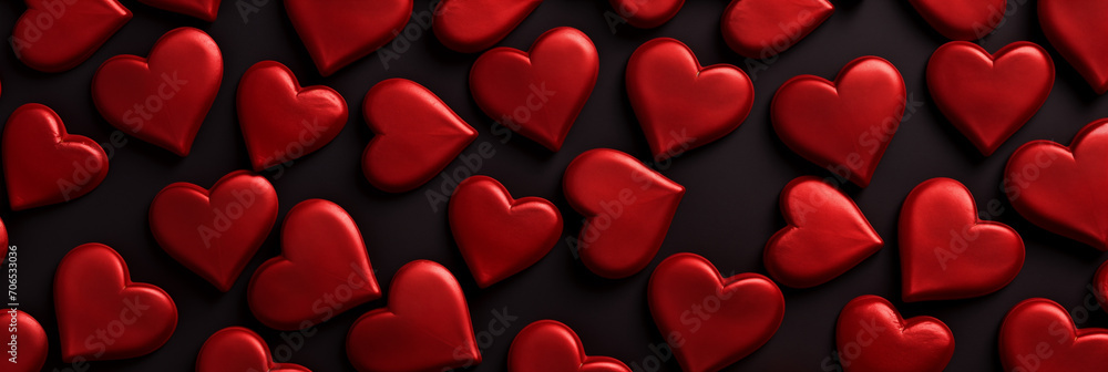 Beautiful red hearts on black background banner. Valentine's Day. Panoramic web header with copy space. Wide screen wallpaper.