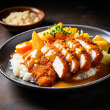 Fotografia con detalle de plato con arroz y pollo rebozado, con salsa 