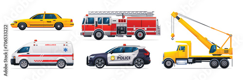 Set of emergency vehicles. Taxi, fire truck, ambulance, police car and crane truck. Official emergency service vehicles side view vector illustration