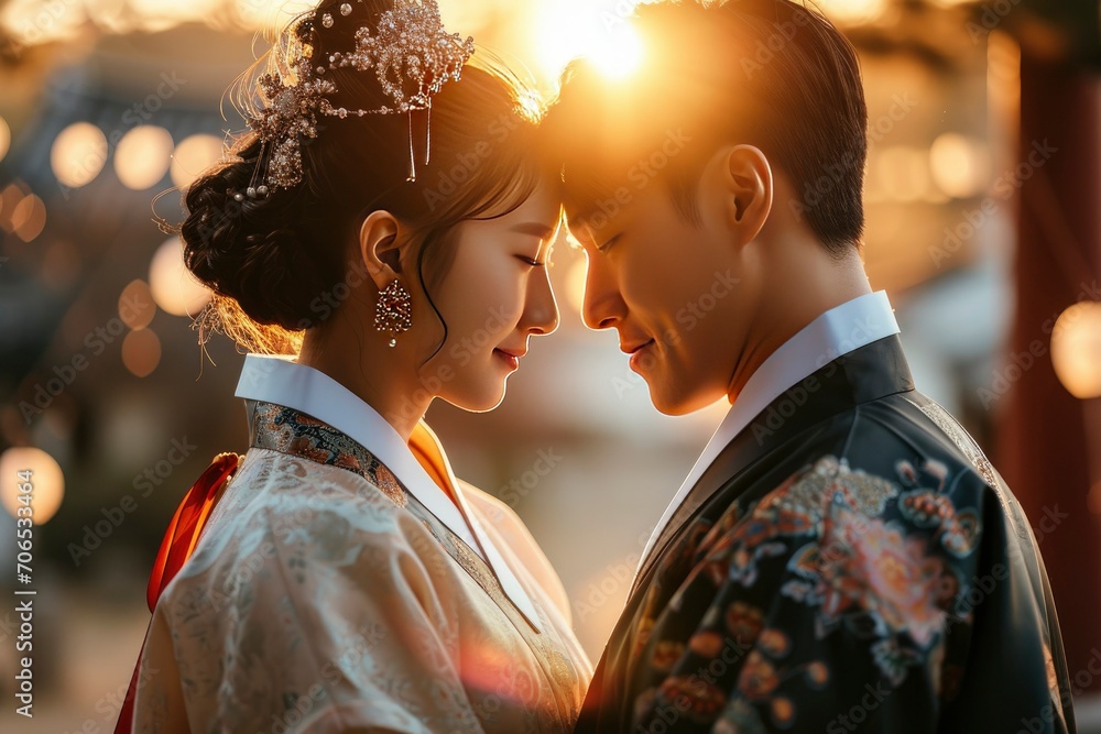 Bride and groom in traditional Korean attire gazing at each other. Korean wedding Bride and groom in traditional Korean attire gazing at each other. Korean wedding
