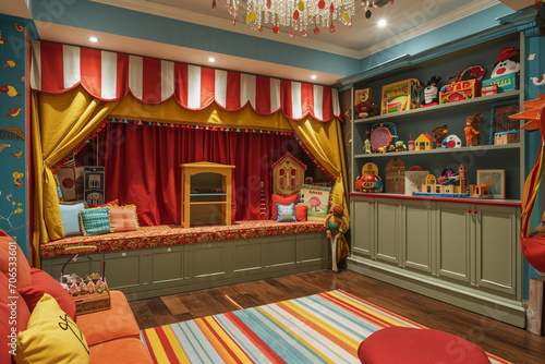 A playroom with a built-in puppet show stage, complete with a colorful curtain and lighting