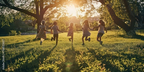 Four children joyfully leap and bound across the grassy park field, basking in the enchanting play of beautiful light and shadows. photo