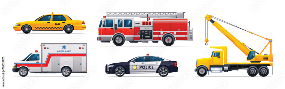 Emergency vehicle set. Taxi, fire truck, ambulance, police car and crane truck. Official emergency service vehicles side view vector illustration Emergency vehicle set. Taxi, fire truck, ambulance, police car and crane truck. Official emergency service vehicles side view vector illustration