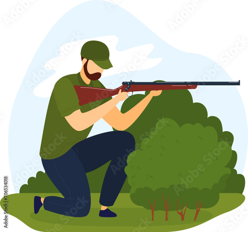Bearded man kneeling with rifle outdoors. Hunter aiming gun with focus, green foliage background. Hunting sport and outdoor activity vector illustration.
