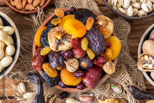 Nuts and dried fruit mix, healthy and wholesome food. Symbols of judaic holiday Tu Bishvat. © Vika