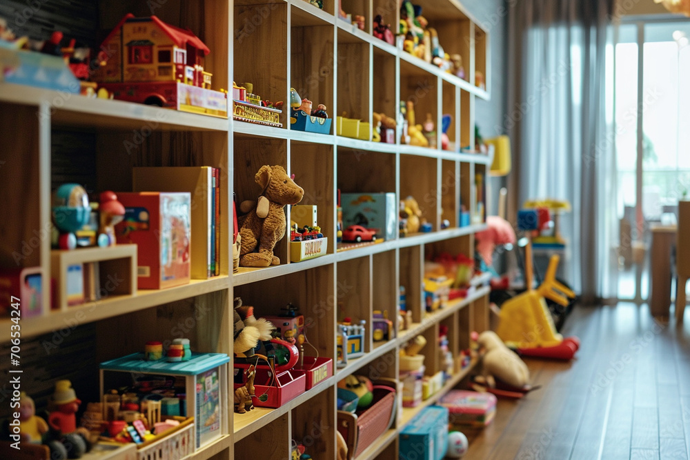 A playroom with a floor-to-ceiling shelving unit, filled with various toys and games