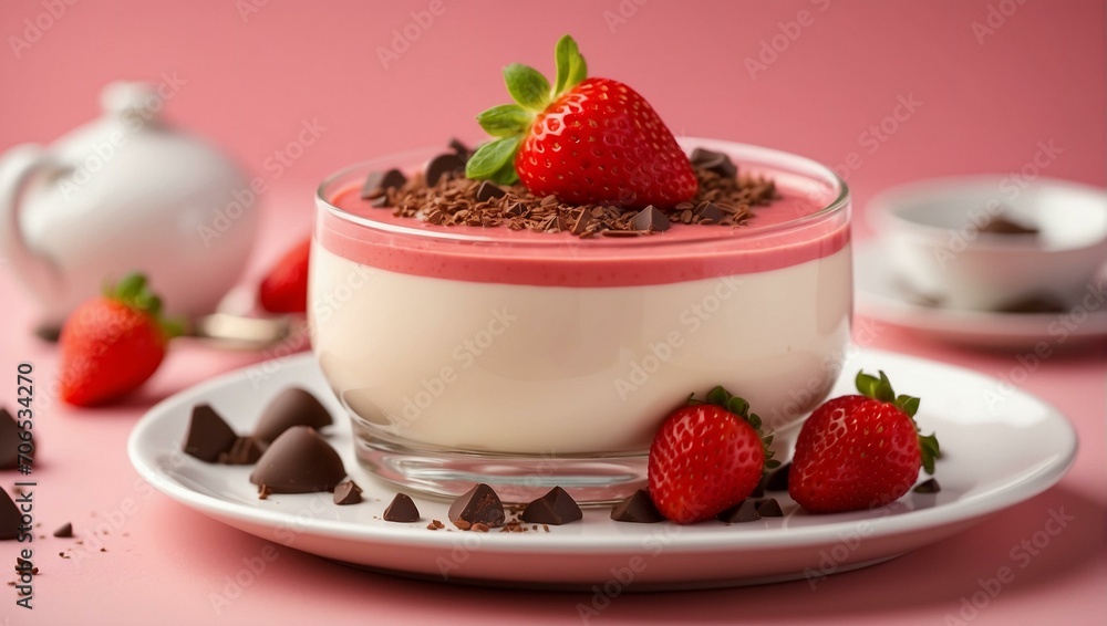 panna cotta with strawberries and strawberry sauce on a pastel pink background panna cotta with strawberries and strawberry sauce on a pastel pink background