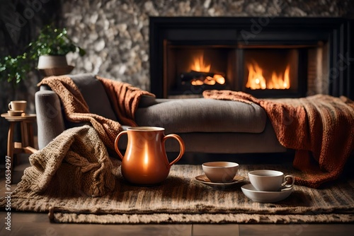 Mug of tea in cozy living room with fireplace on a chair with blanket 