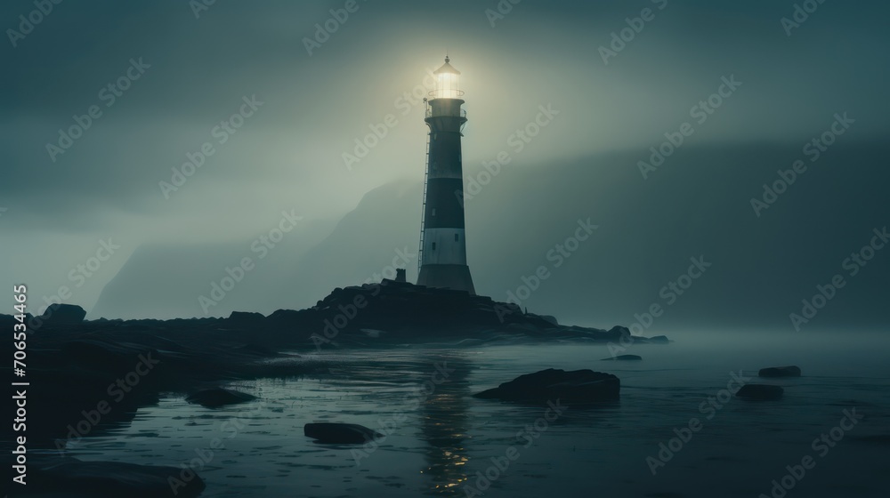 Glowing lighthouse in a foggy sea. Generative AI