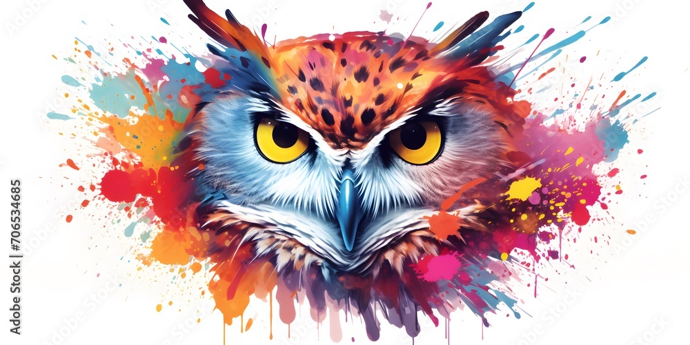 Watercolor owl close up with color splashes on white background