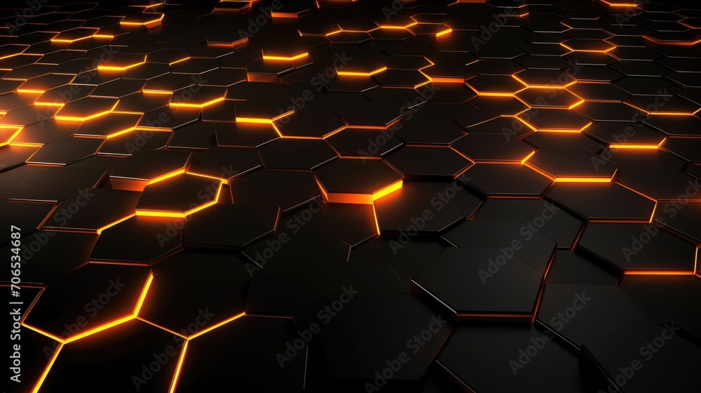 Black background with blue neon hexagon grid. Glowing hex background