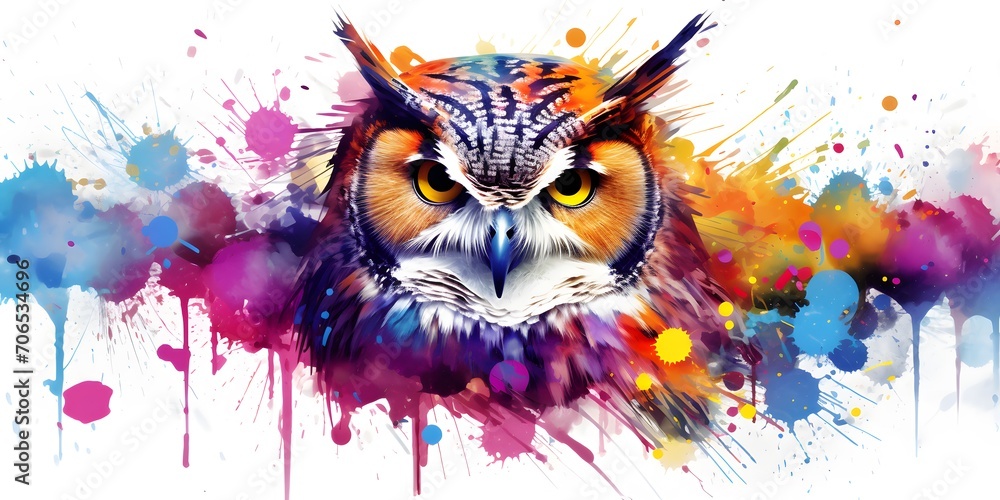 Fototapeta premium Watercolor owl close up with color splashes on white background