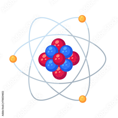 Illustration of atomic structure consisting of protons, neutrons and electrons. Symbol of nuclear energy and molecular chemistry.