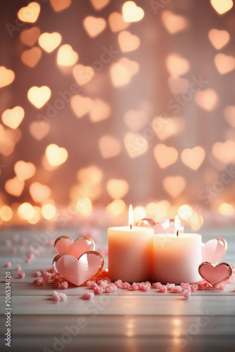 valentines day greeting card with candles and hearts on bokeh background.