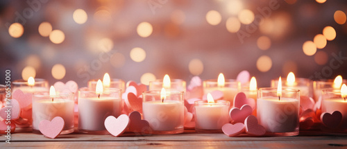 valentines day background with candles and hearts on wooden table.