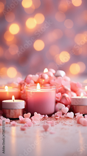 Beautiful burning candles and hearts on table against blurred lights, closeup.