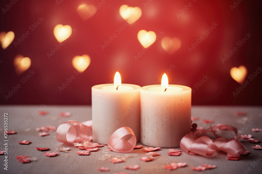 valentines day background with candles and hearts bokeh. valentines day background with candles and hearts bokeh.