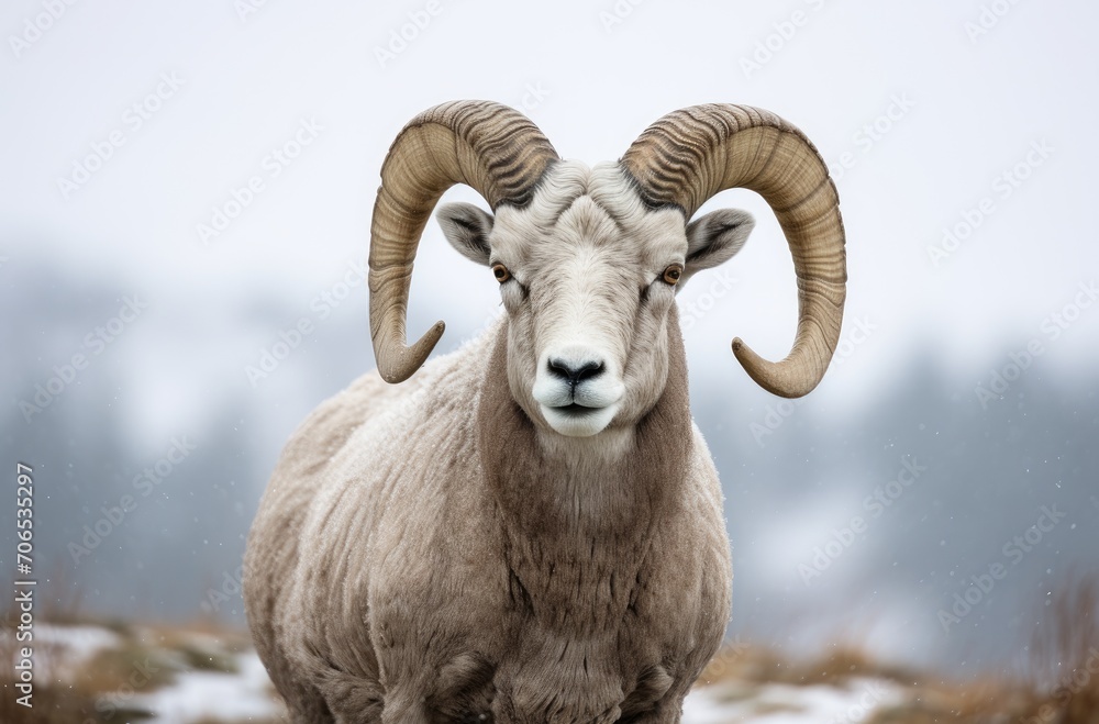 Majestic Ram With Impressive Horns Grazing in Open Field Majestic Ram With Impressive Horns Grazing in Open Field