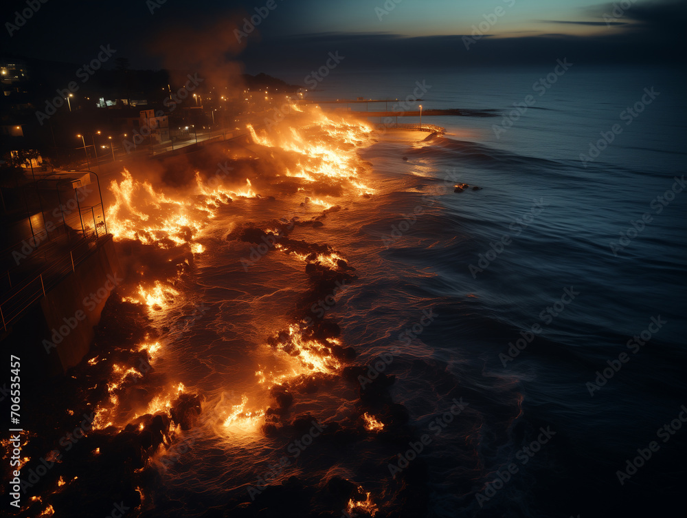 Incêndio na costa agitada à noite com iluminação de postes ao longe. Conceito dramático