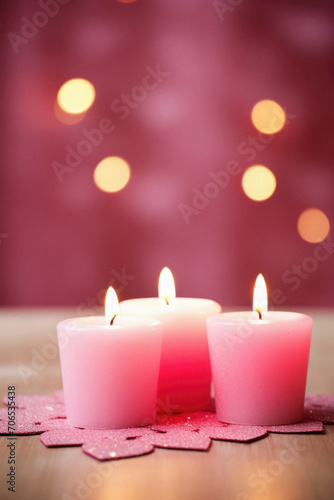 Burning candles on wooden table on pink background with bokeh.