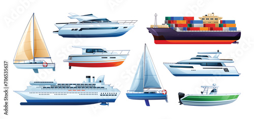 Set of sea ships and boats. Sailboat, speedboat, yacht and cargo ship collection. Vector illustration isolated on white background