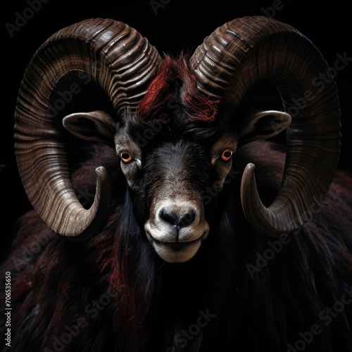 Majestic Ram With Long Horns and Red Hair in Close-Up Portrait