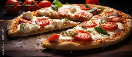 Tasty pizza slice with buffalo mozzarella and cherry tomatoes on table.