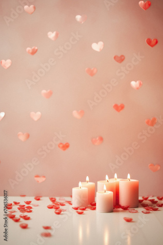 Valentines day background with burning candles and hearts on white table.